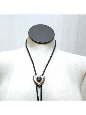 Bolo Tie Natural Black Onyx Stone Silver Colored Slide Western Wedding Necklace